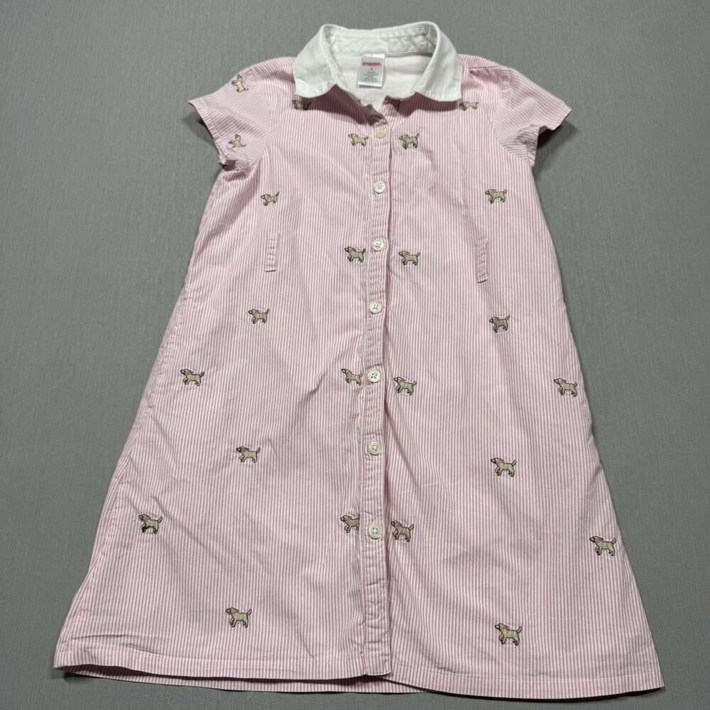 Gymboree Pink Striped Puppy Dog Bow Button Front Shirt Dress Girls Size 6 Golden